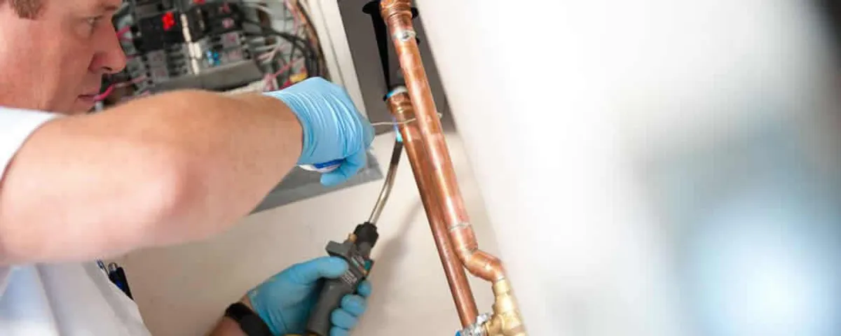 Water heater repair technician testing copper pipe connections and controls in Sacramento, CA